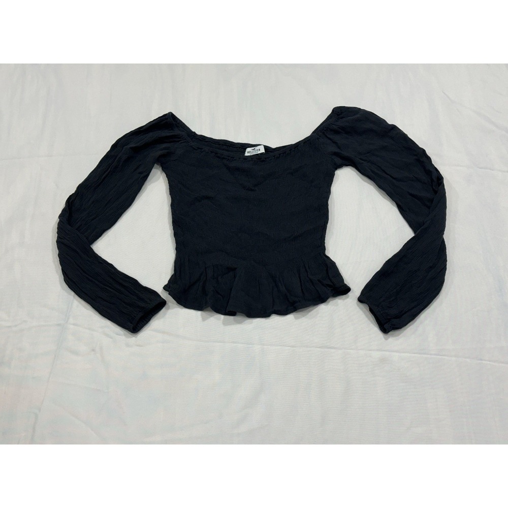 Hollister Top Womens S Small Black  Crop Off Shoulder Smocked Babydoll Stretch